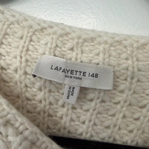 Lafayette 148 New York Cashmere Cream Waffle-Textured Crew Sweater with Sequins - Picture 3 of 5